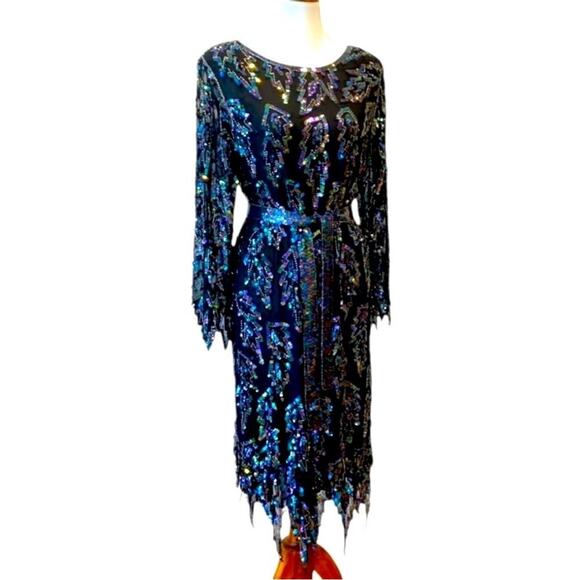 Vintage Cocktail Dress Medium Silk Beaded 80s 20s Semi Formal Party RARE MCM - Picture 4 of 17